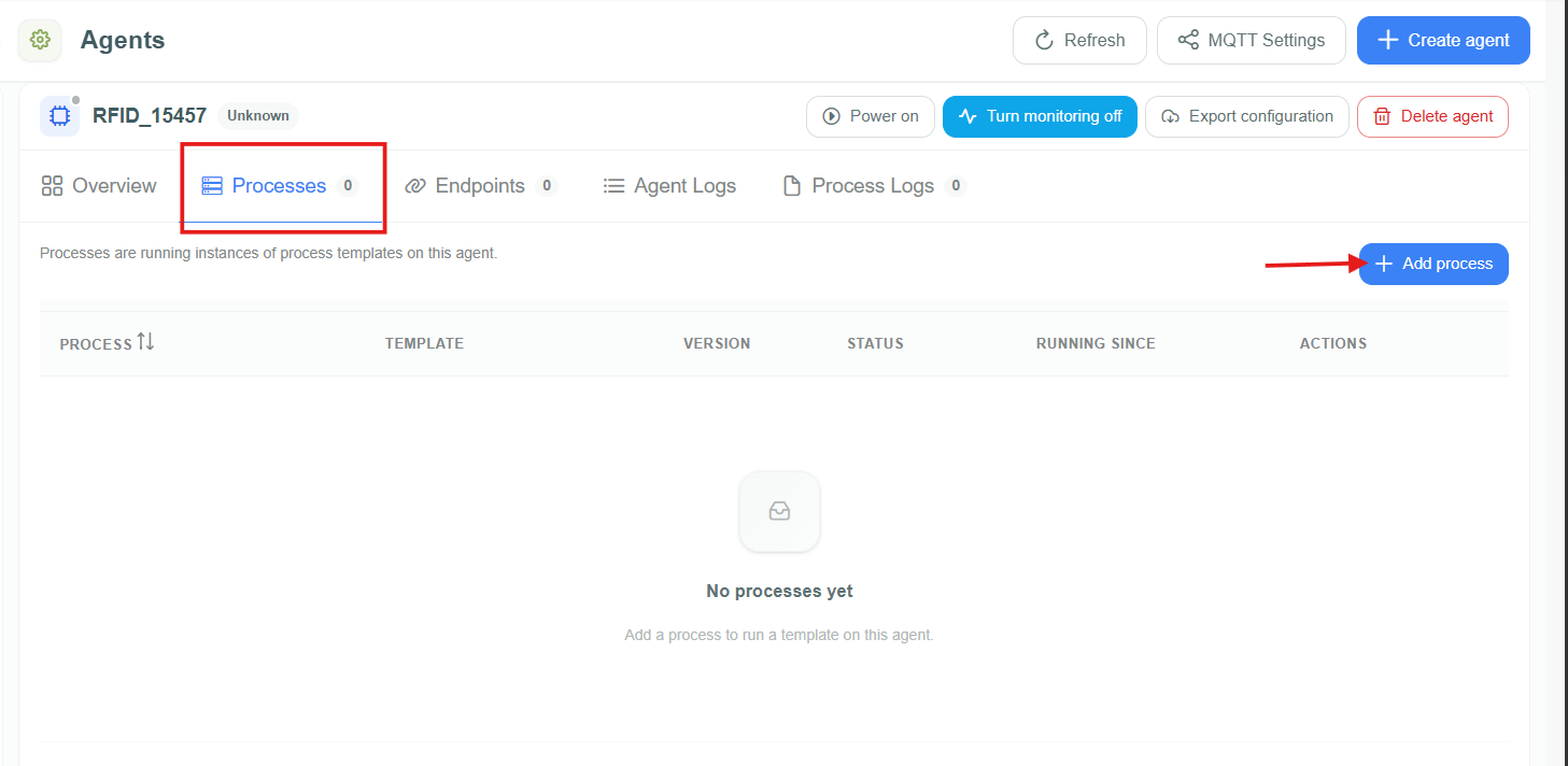 Processes tab of an agent with no processes and the Add process button